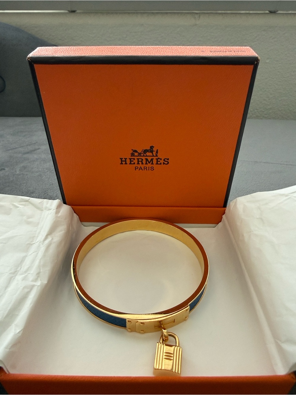 Authentic Hermes Kelly Lock Bangle Bracelet Blue Leather Gold Hardware w/Box